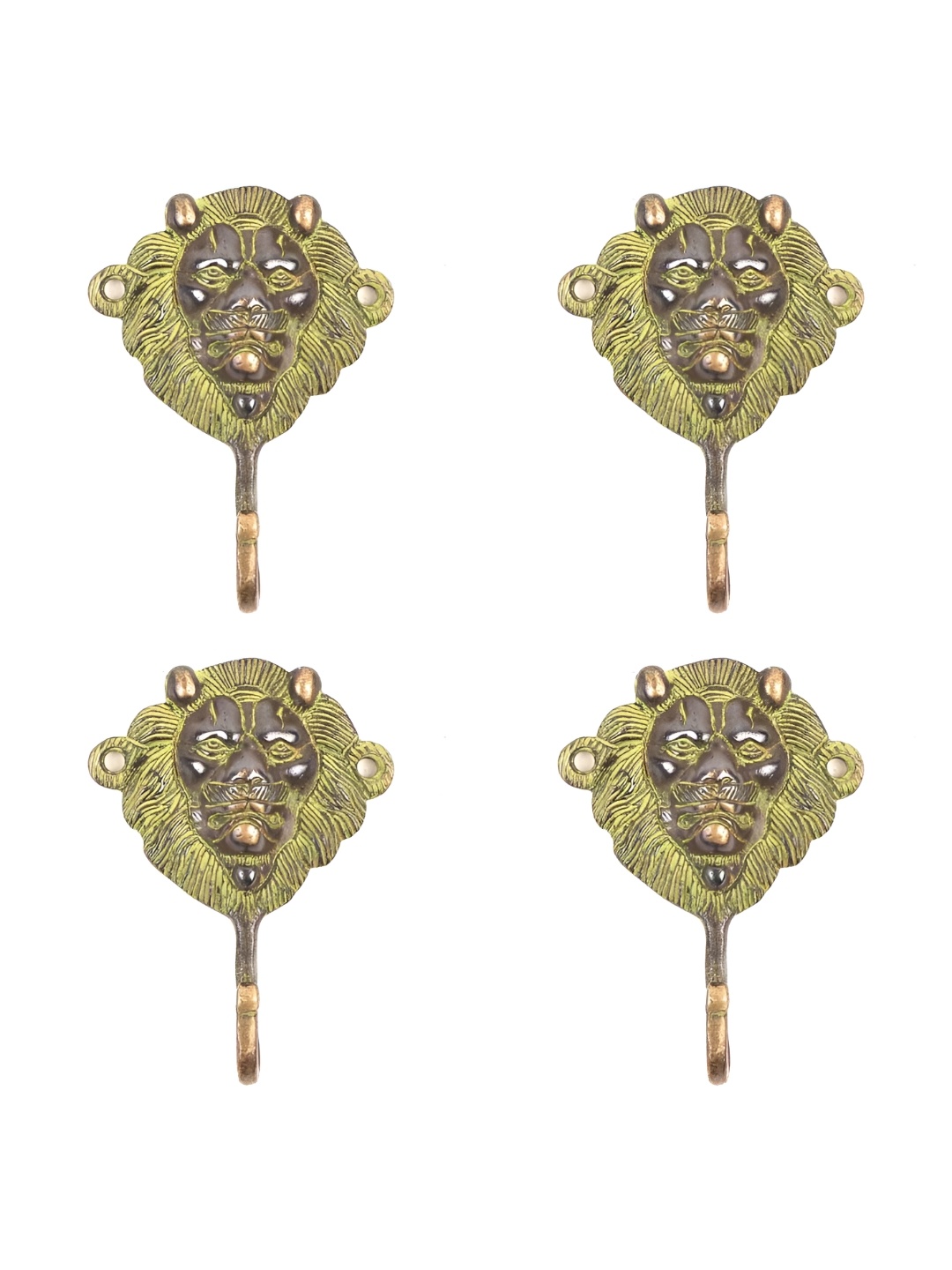 

IndianShelf Gold-Toned & Green 4 Pieces Lion Head Brass Wall Hooks
