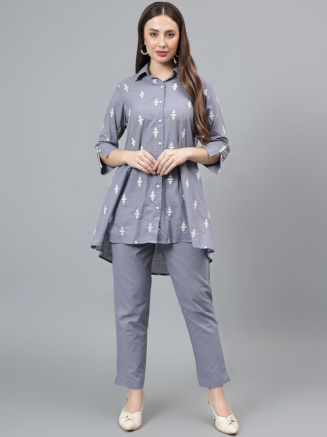 

Cantabil Embroidered Long Sleeves Pure Cotton Top With Trousers, Blue