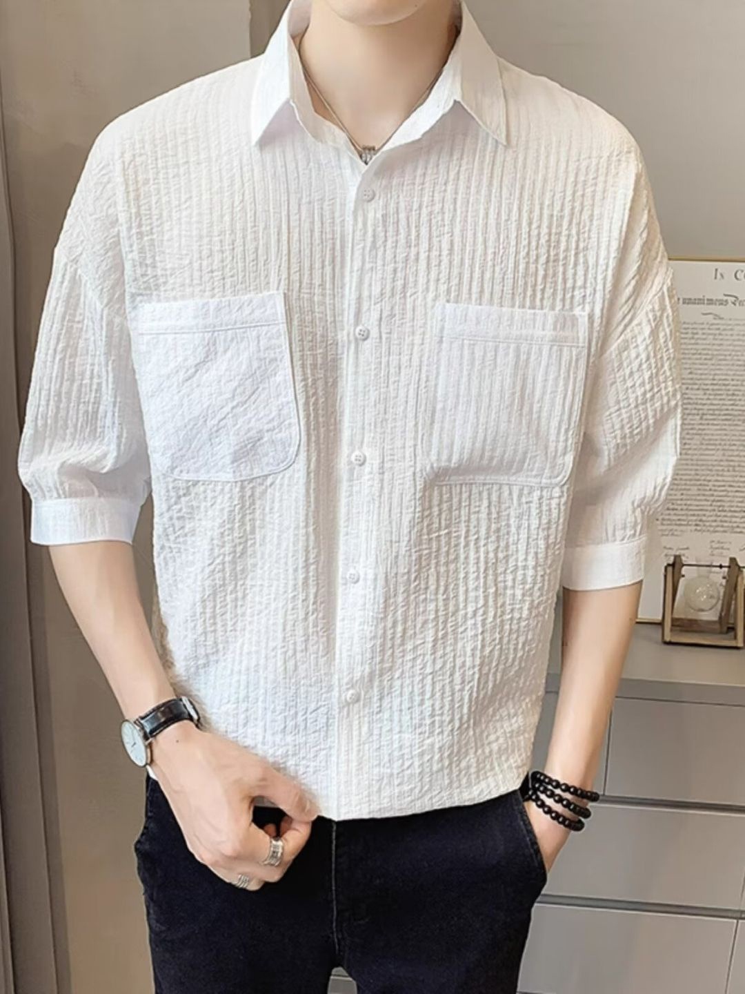 

HERE&NOW Men Original Textured Casual Shirt, White