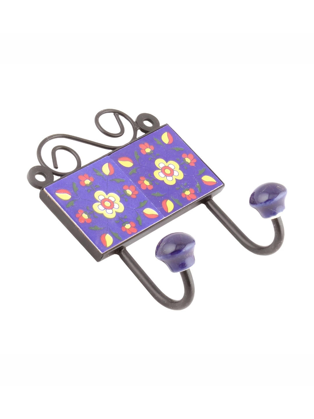 

IndianShelf Blue and Yellow Ceramic Floral Printed Wall Hook