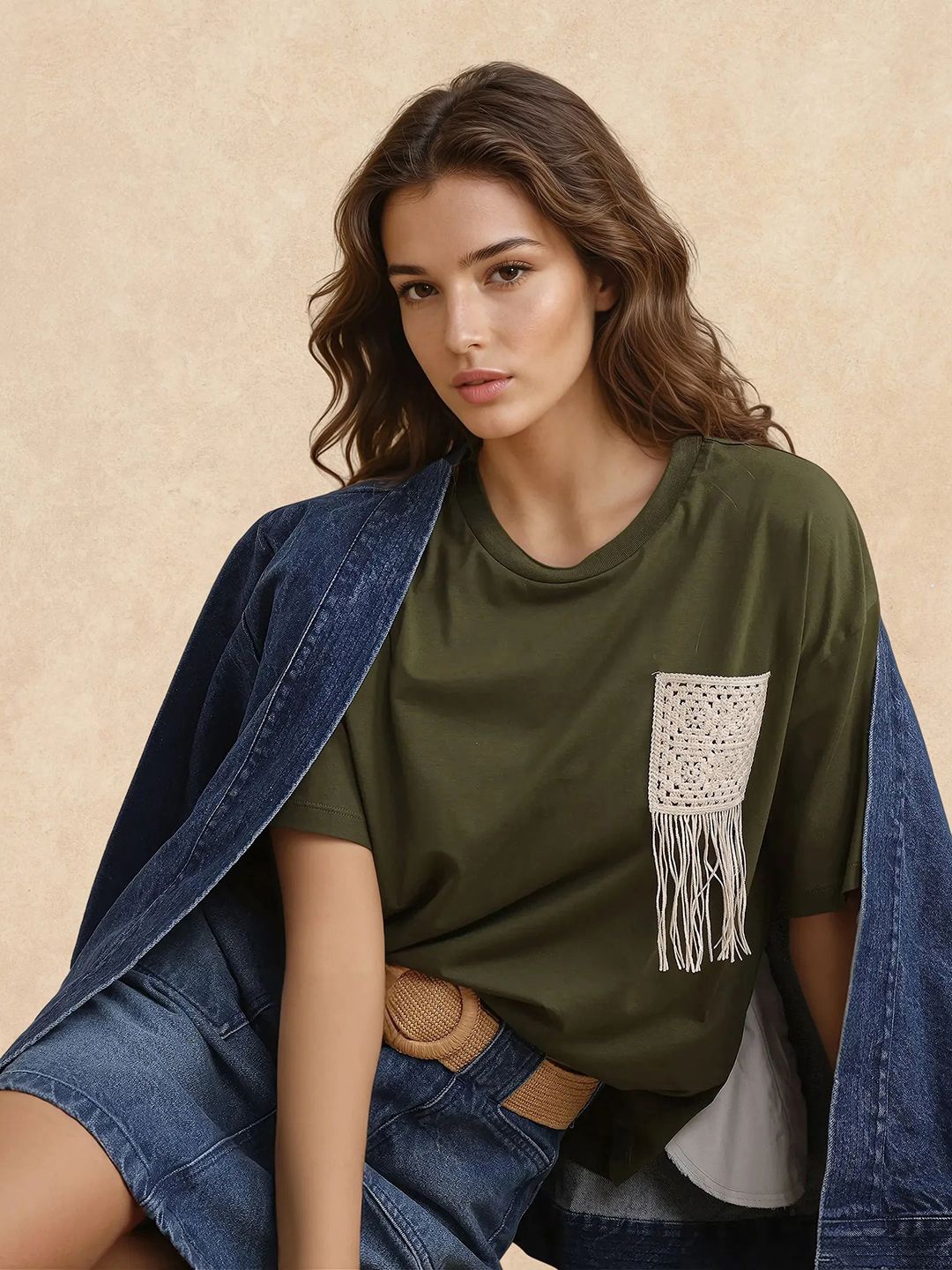 

RAREISM Women Solid Round Neck Cotton Oversized T-shirt, Olive