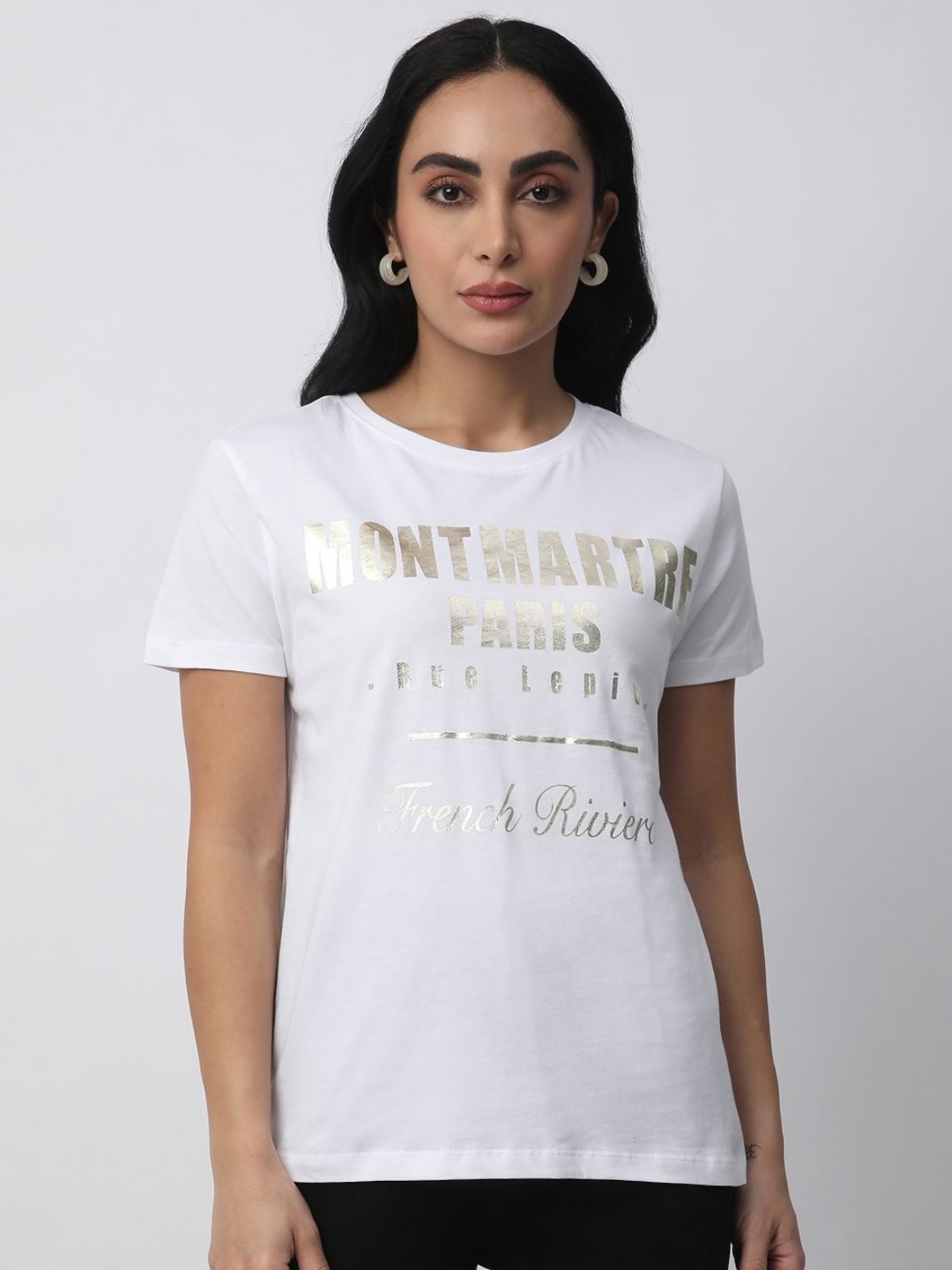 

R&B Women Typography Printed Round Neck Cotton T-shirt, White