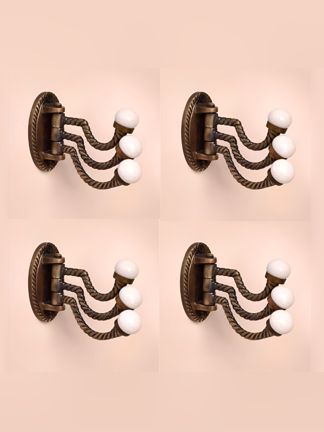 

IndianShelf White and Bronze 4 Pieces Modern 3 Holds Textured Ceramic Wall Hooks