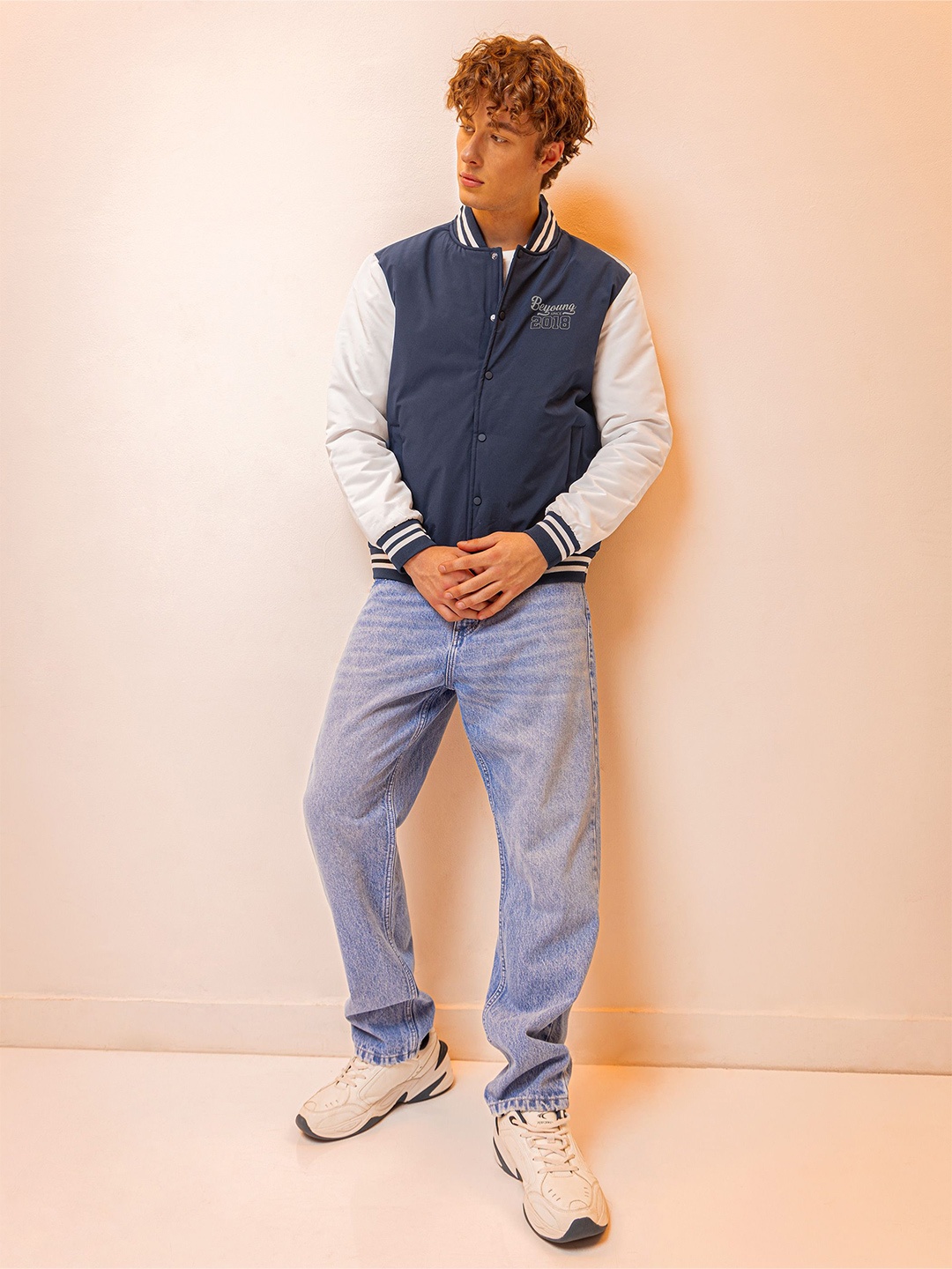 

Beyoung Men Floral Cotton Varsity Jacket, Blue