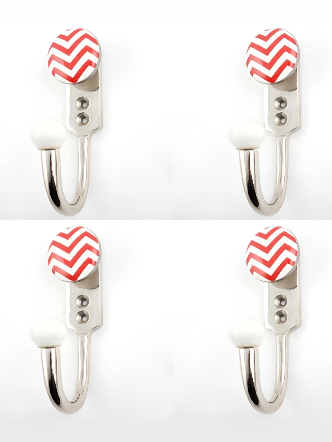 

IndianShelf Red and White 4 Pieces Ceramic Stripped Wall Hooks