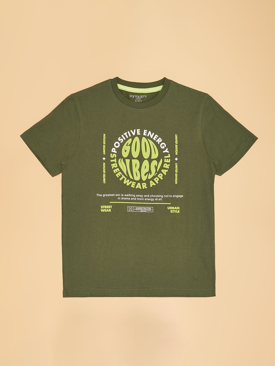 

Pantaloons Junior Boys Typography Printed Round Neck Cotton T-shirt, Olive