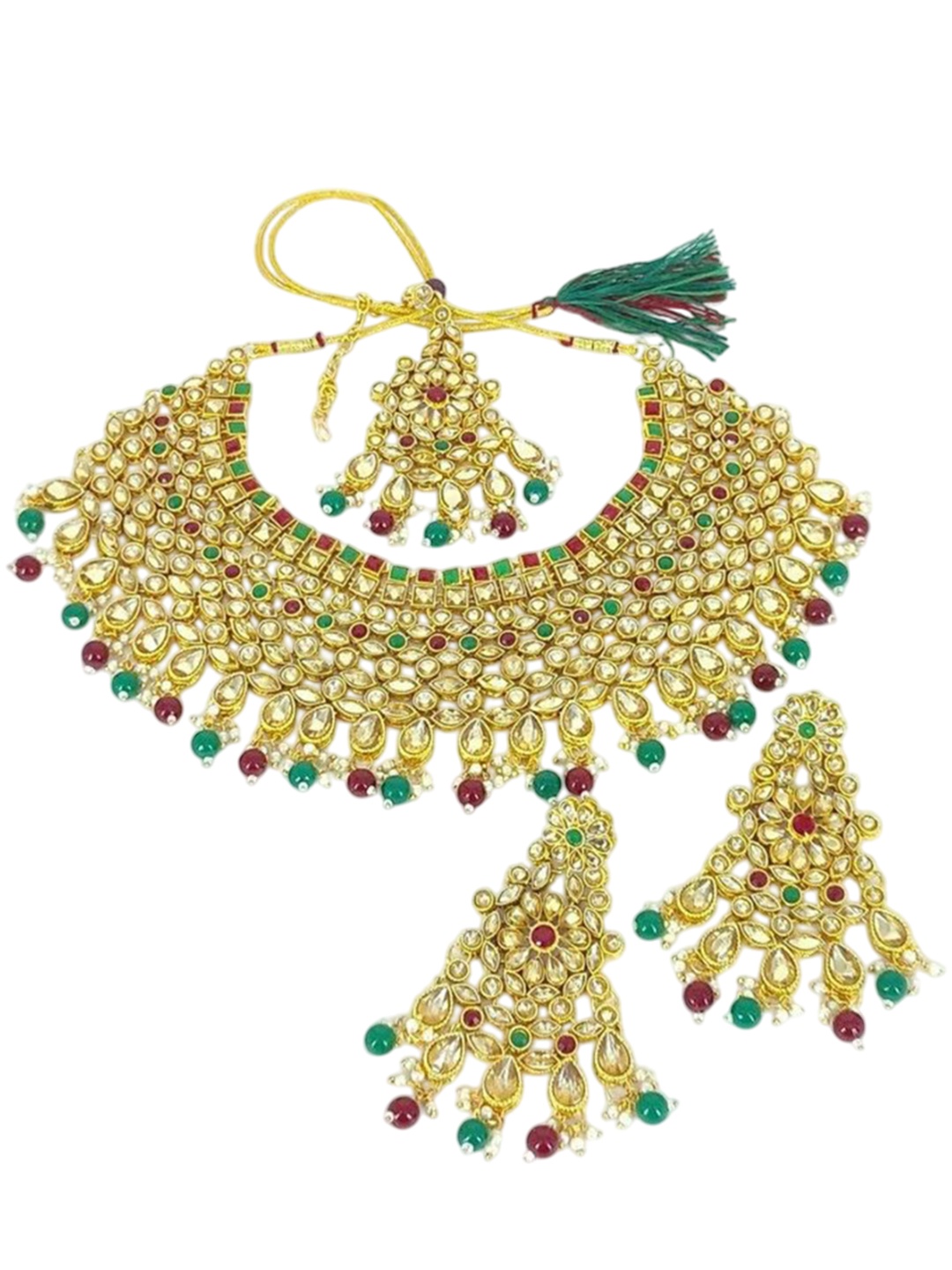 

Gyaan Jewels Gold-Plated Stone-Studded & Beaded Necklace and Earrings With Maang Tika