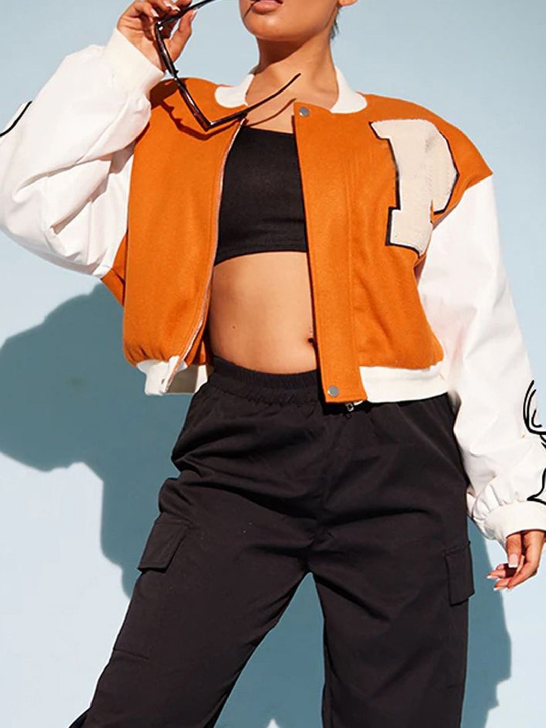 

LULU & SKY Women Collarless Typography Printed Casual Bomber Jacket, Orange