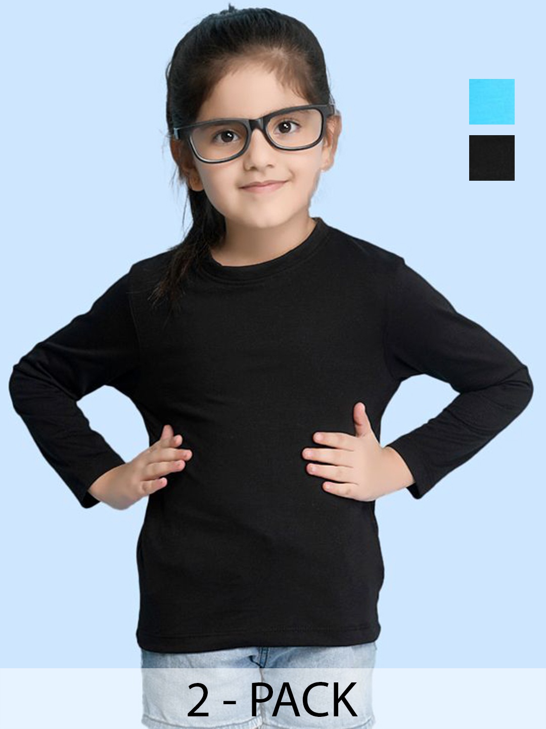 

NUSYL Pack Of 2 Girls Solid Round Neck Cotton T-shirts, Black