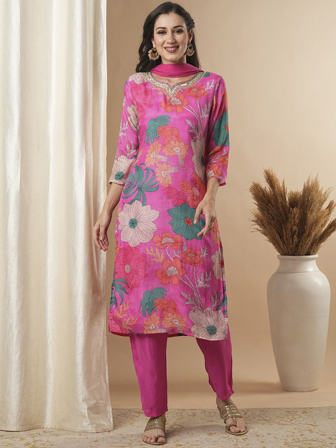 

FASHOR Floral Printed Pure Cotton Kurta with Trouser & Dupatta, Pink