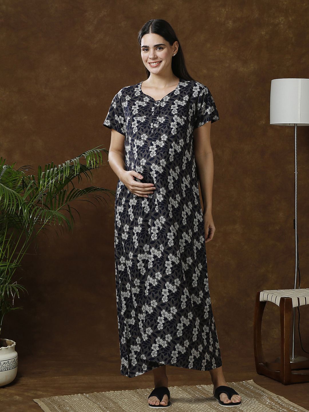 

MomToBe Women Maternity Floral Printed Maxi Feeding Nighty, Blue