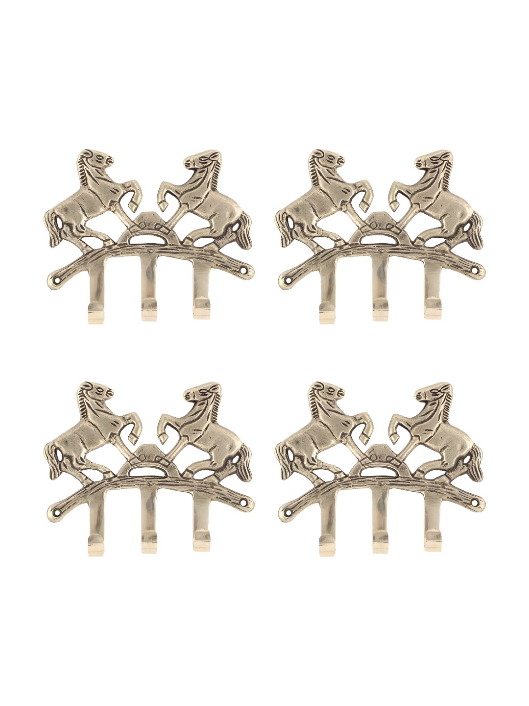 

IndianShelf Gold-Toned 4 Pieces Brass Two Horse Cloth Hangers Wall Hooks