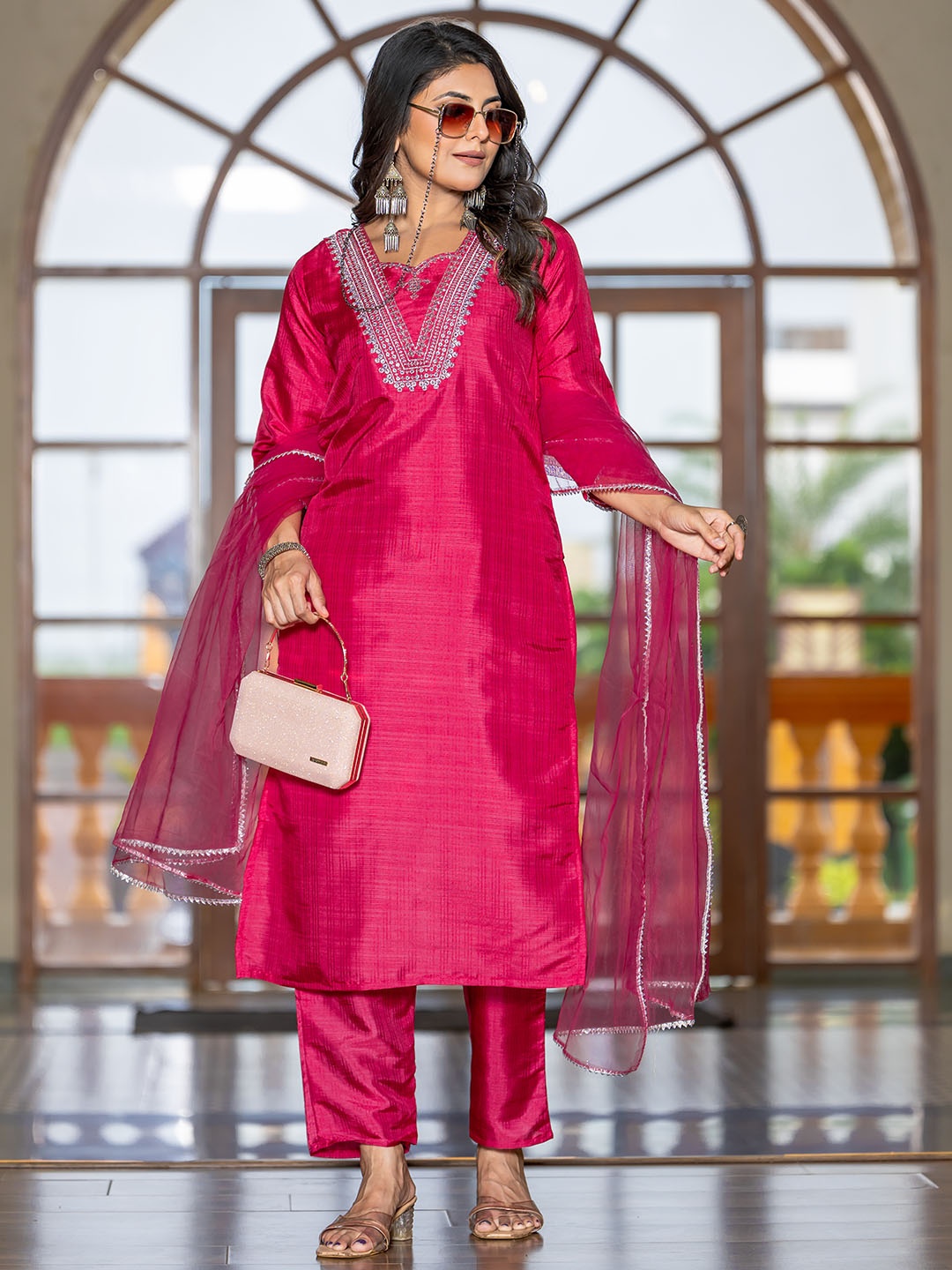 

KALINI Sweetheart Neck Striped Woven Design Sequinned Kurta with Trouser & Dupatta, Pink