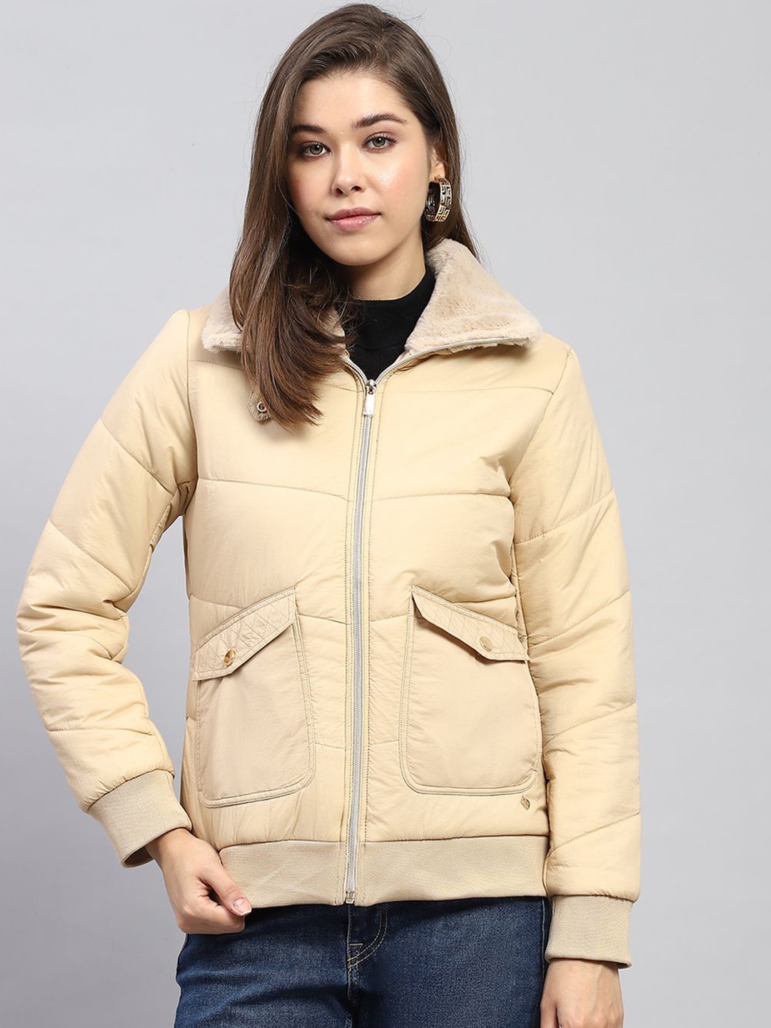 

Monte Carlo Women Mock Collar Solid Casual Padded Jacket, Beige