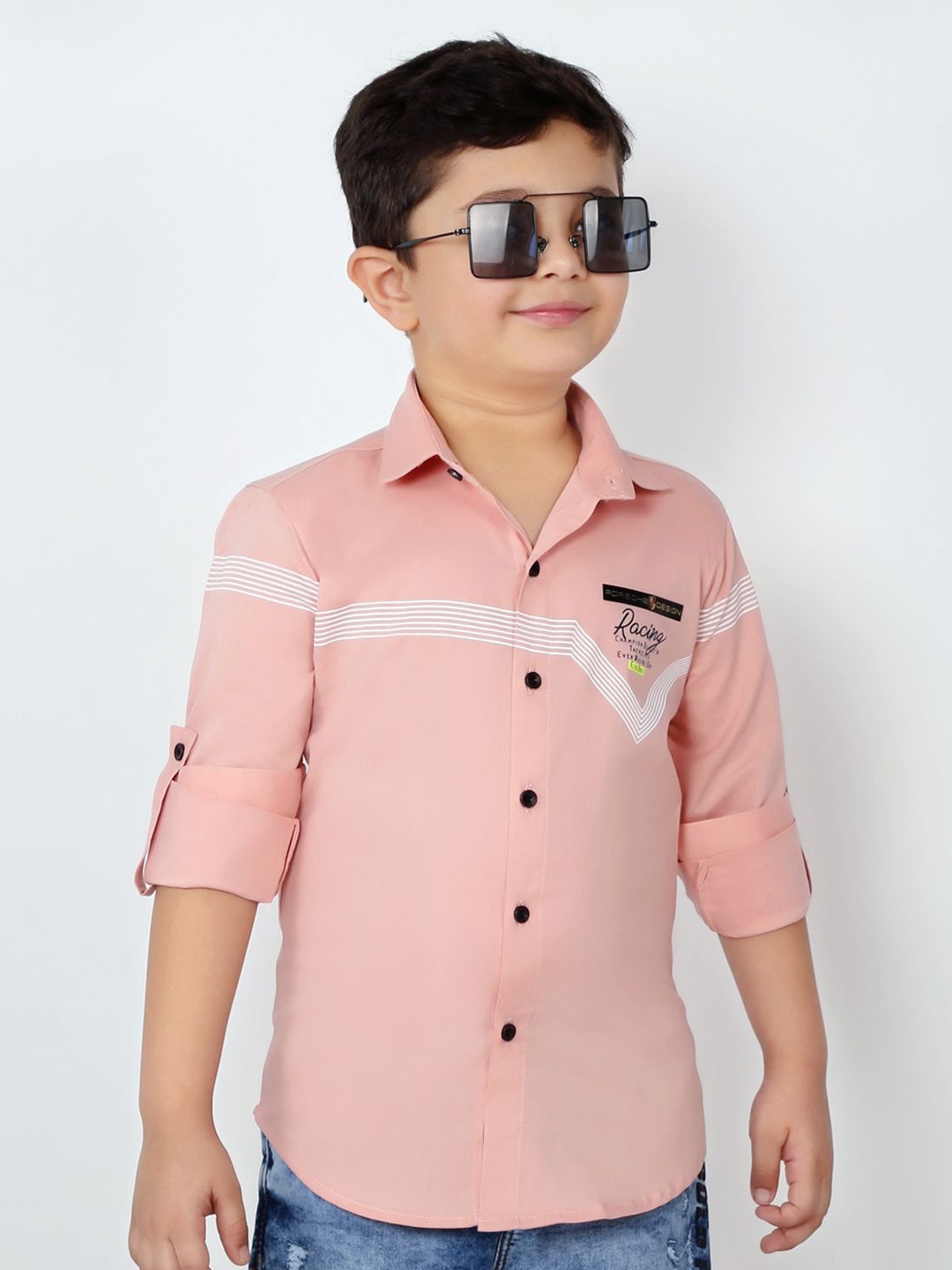 

MashUp Boys Classic Spread Collar Horizontal Striped Cotton Casual Shirt, Peach