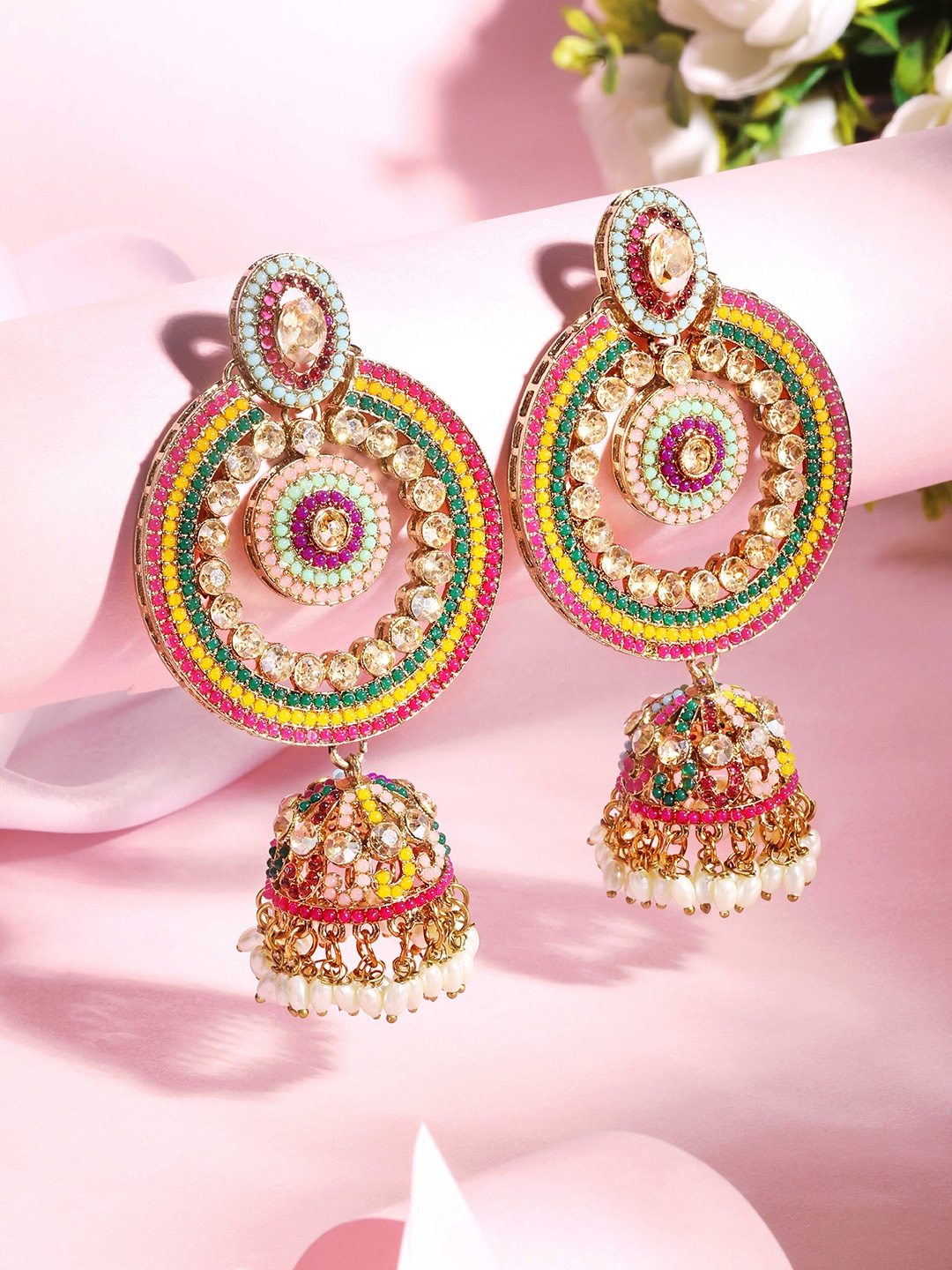 

ASMITTA JEWELLERY Gold-Plated Stone Studded Circular Drop Earrings