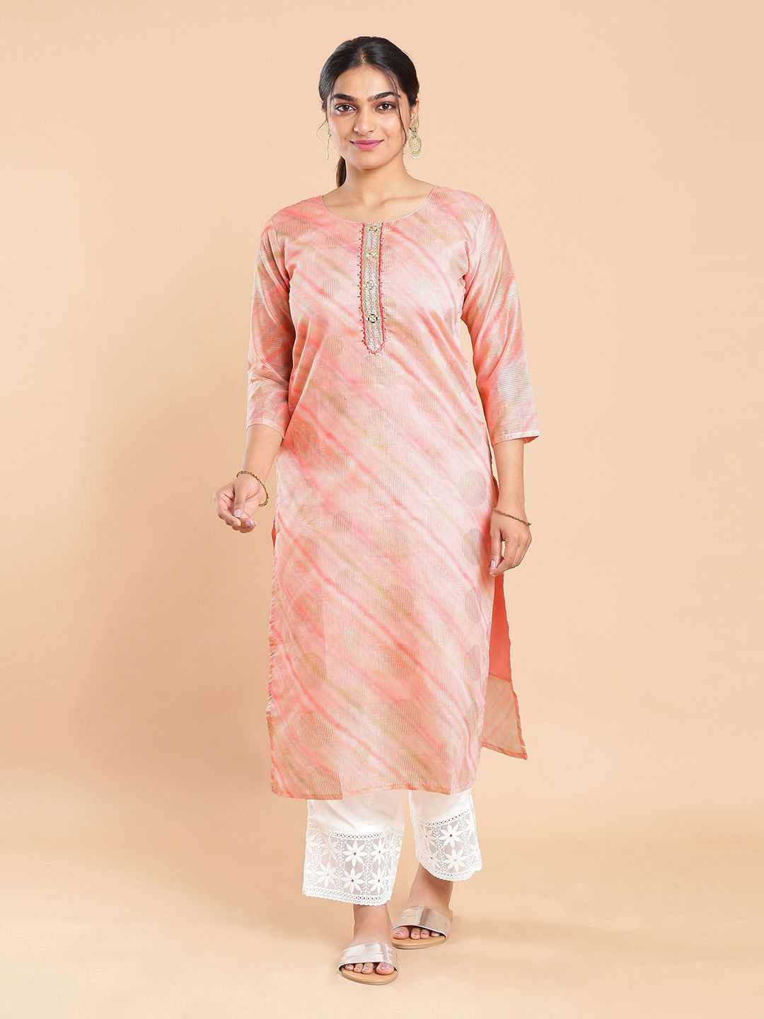 

Kalyan Silks Women Striped Sequinned Kurta, Peach