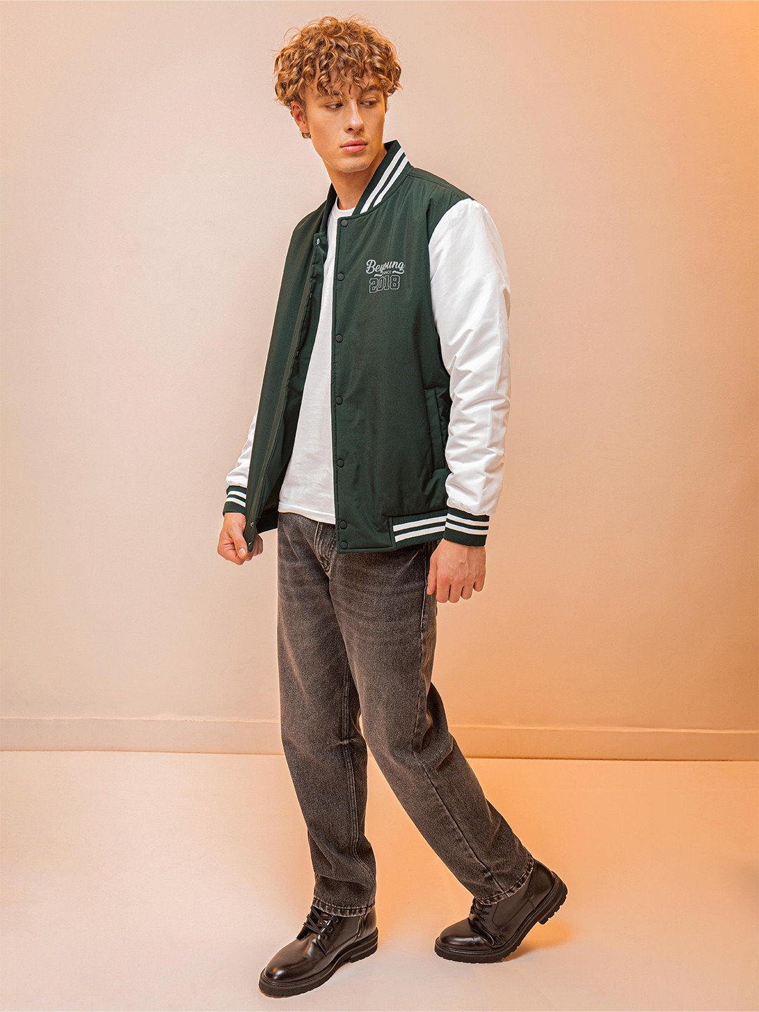 

Beyoung Men Cotton Varsity Jacket with Embroidered, Green
