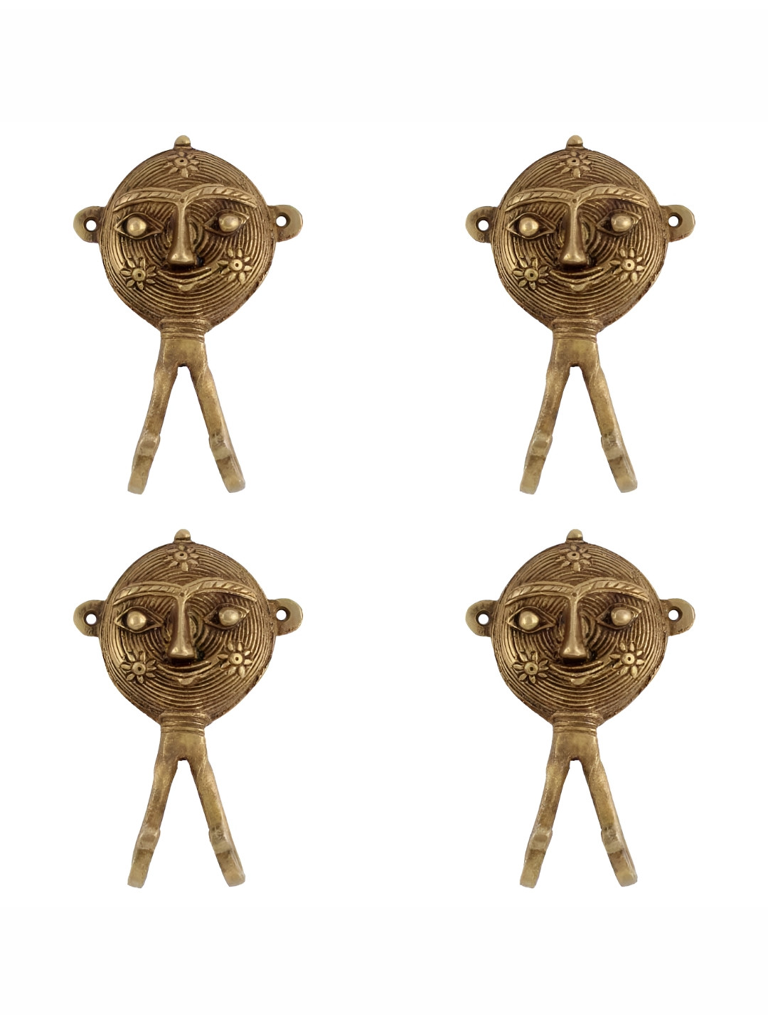 

IndianShelf Gold Toned 4 Pieces Brass Tribal Face Clothes Hanger for Wall Coat Hooks
