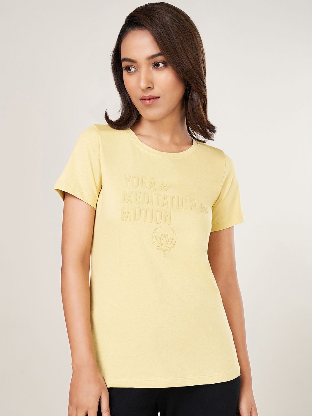 

Ajile by Pantaloons Women Typography Printed Round Neck Cotton T-shirt, Khaki