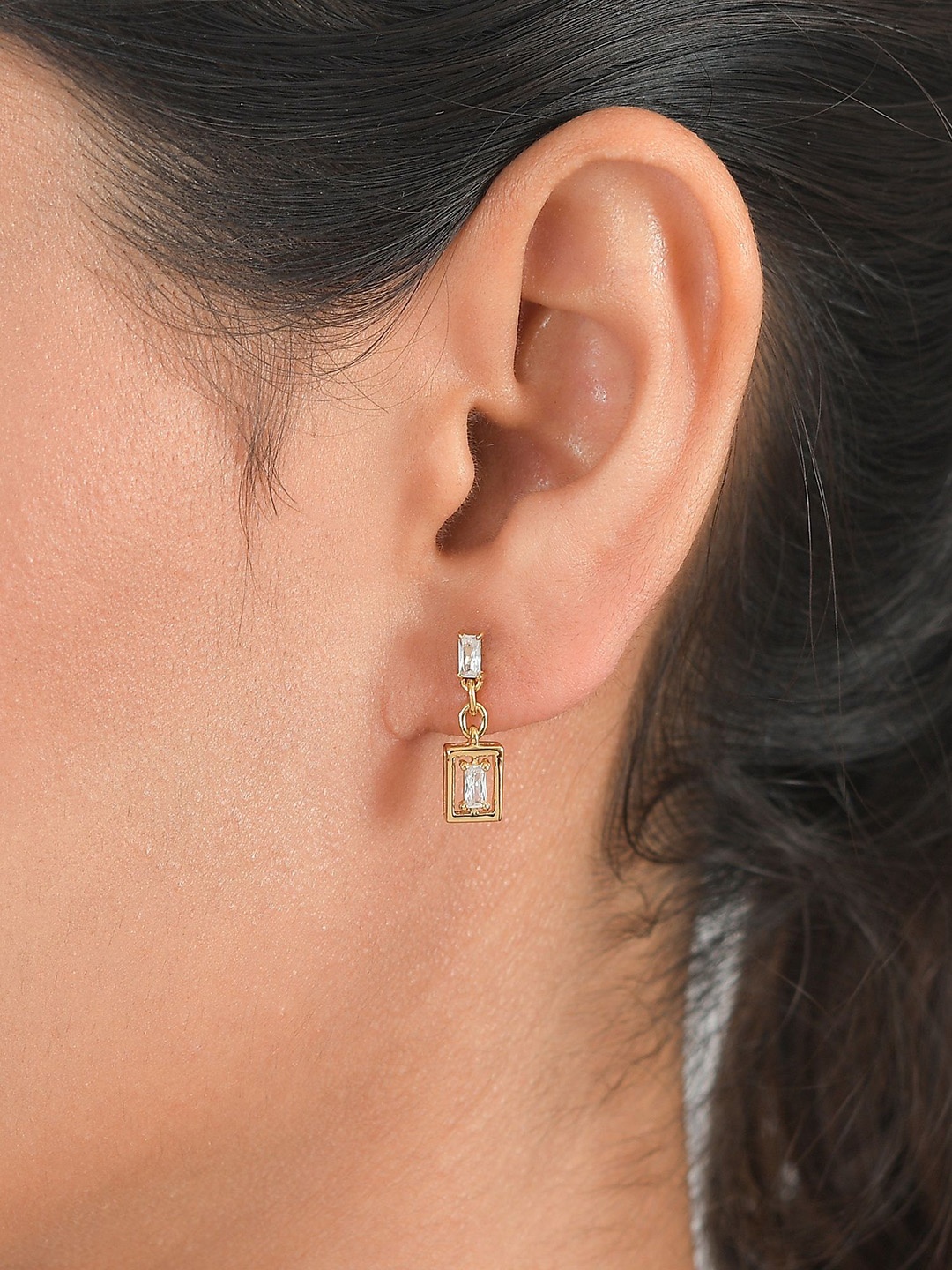 

Ornate Jewels 925 Sterling Silver 18KT Gold-Plated AD--Stone Studded Square Drop Earrings