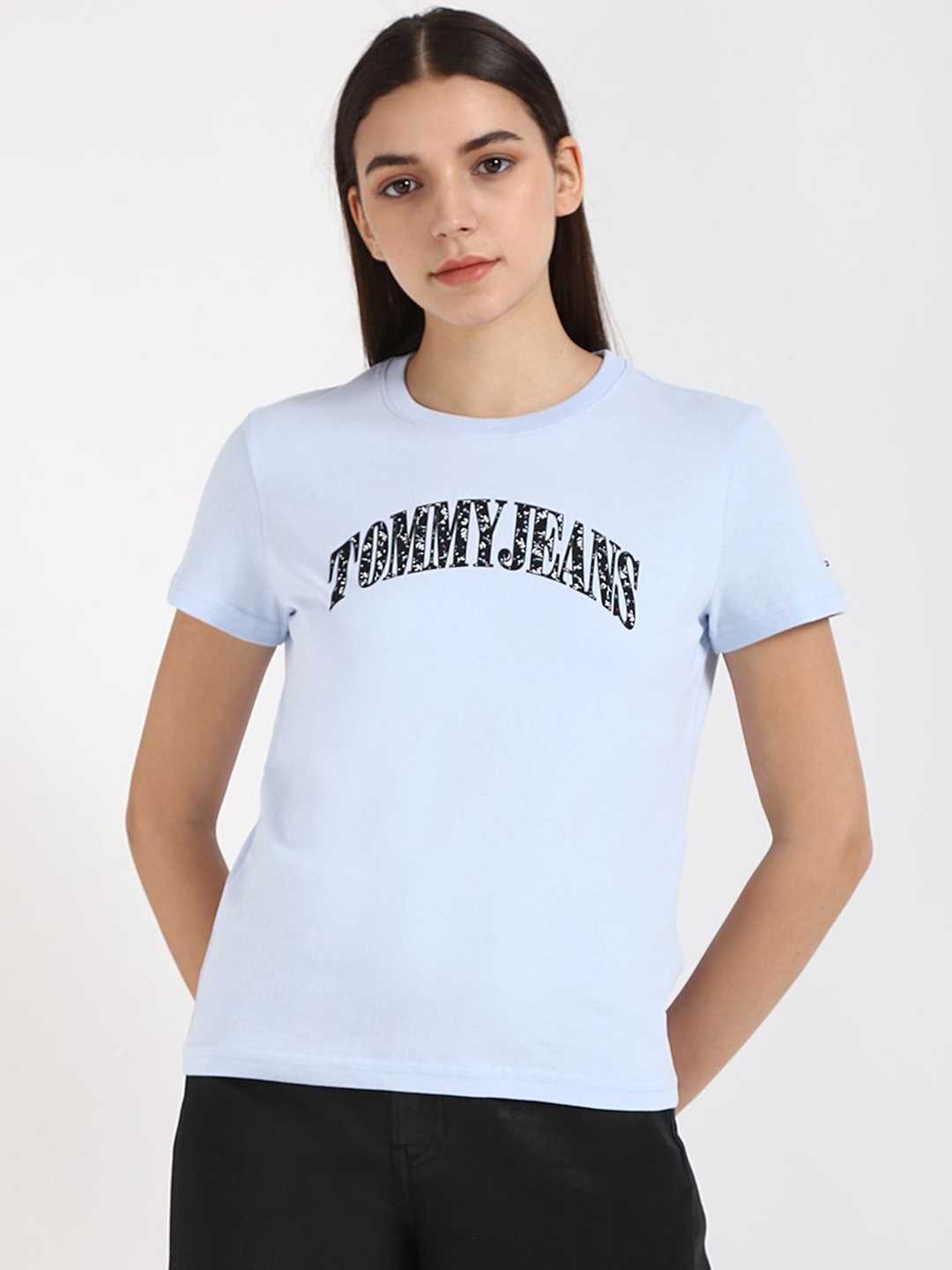 

Tommy Hilfiger Women Typography Printed Round Neck Cotton T-shirt, Blue