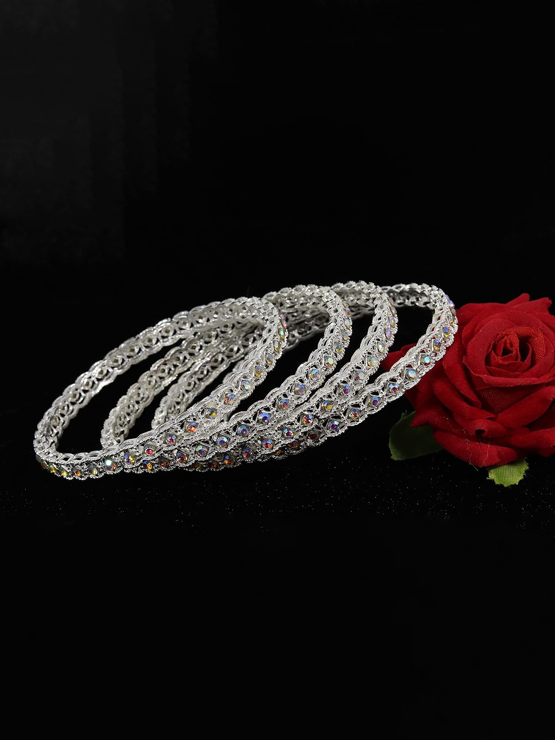 

ZULKA Set of 4 Zircon Gemstone Studded Kada Bangles, Silver