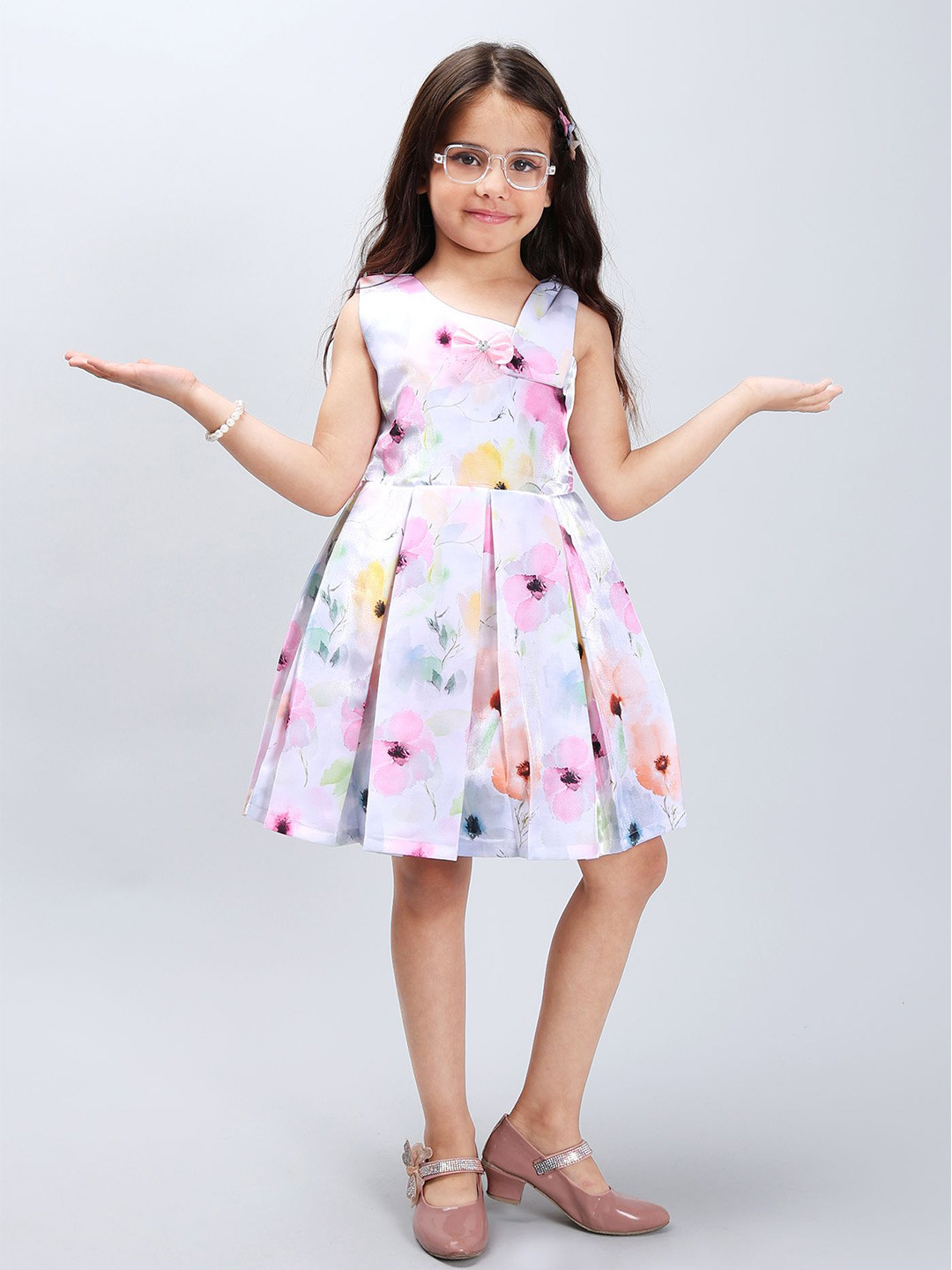 

PINK MERMAID Girls Floral Printed Cotton A-Line Knee Length Dress, White