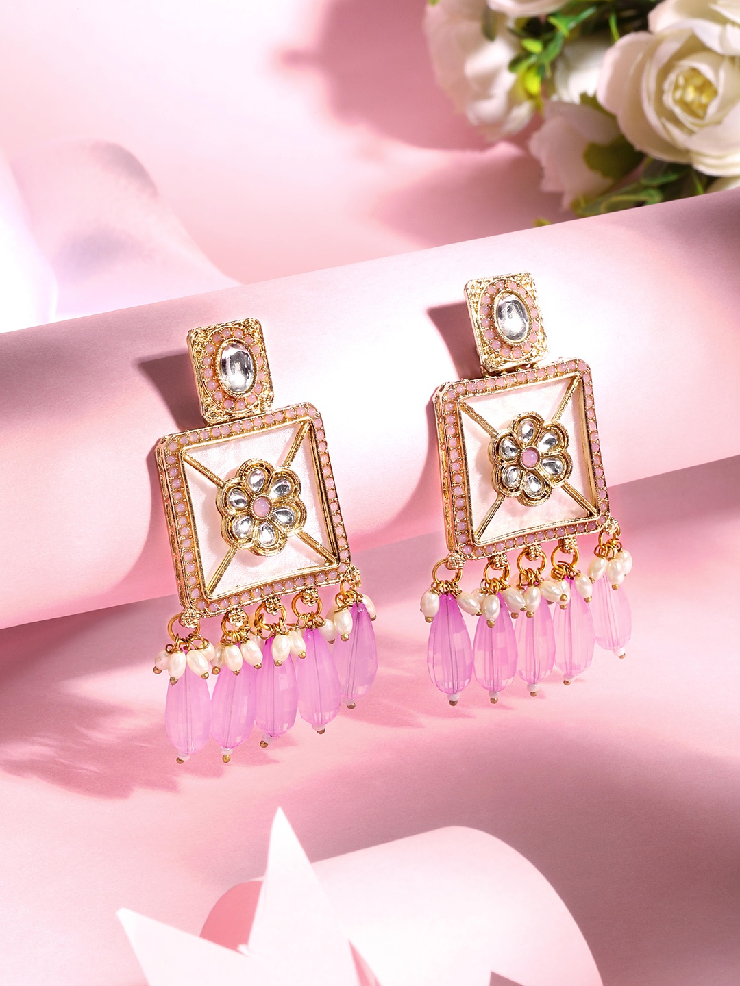 

ASMITTA JEWELLERY 18K Gold-Plated Stone Studded Square Drop Earrings