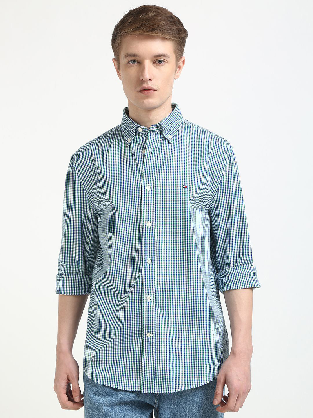 

Tommy Hilfiger Men Button-Down Collar Micro Checked Cotton Relaxed Fit Casual Shirt, Green