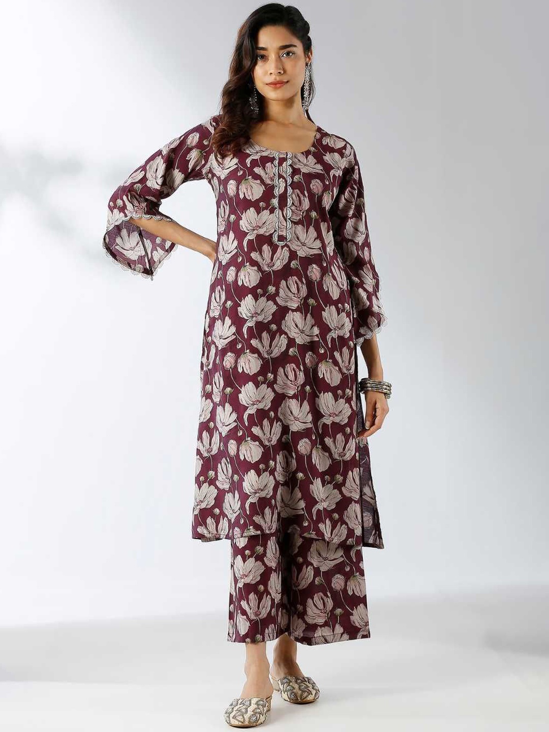 

Label Ishnya Floral Printed Round Neck Flared Sleeves Straight Kurta With Palazzos, Burgundy