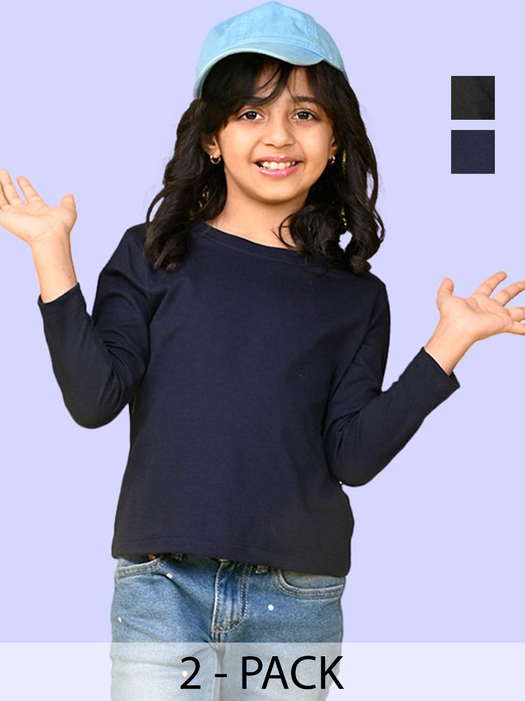 

NUSYL Girls Pack Of 2 Solid Round Neck Cotton T-shirts, Navy blue