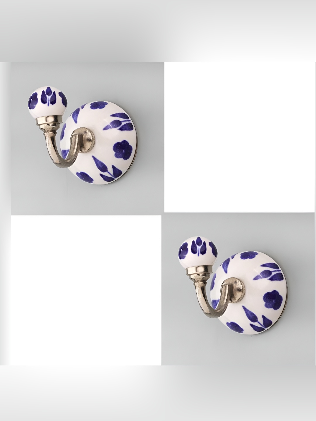 

IndianShelf White & Blue 2 Pieces Floral Printed Ceramic Wall Hooks