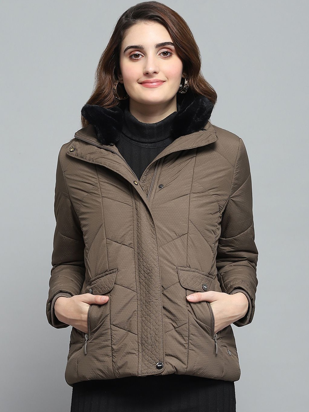 

Monte Carlo Women Mock Collar Solid Casual Puffer Jacket, Brown