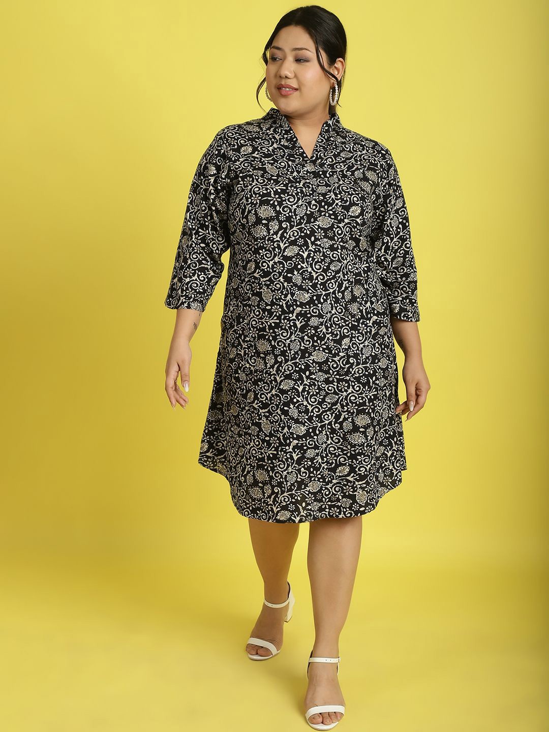 

theRebelinme Women Plus Size Floral Printed A-Line Midi Dress, Black
