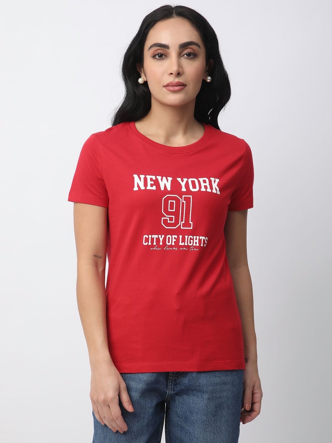 

R&B Women Typography Printed Round Neck Cotton T-shirt, Red