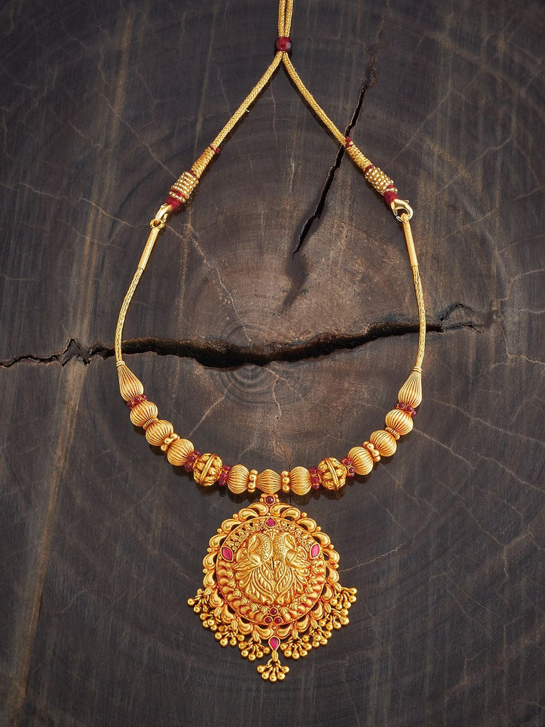 

Kushal's Fashion Jewellery 92.5 Pure Silver Gold-Plated Stone Studded Temple Necklace