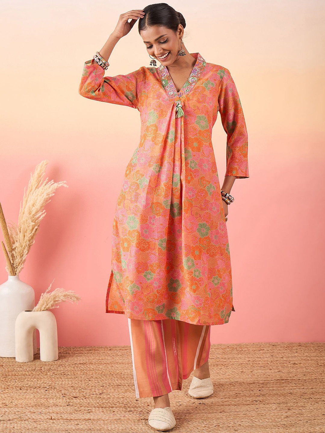 

Madhuni Women Floral Printed Pleated Kurta with Palazzos, Orange