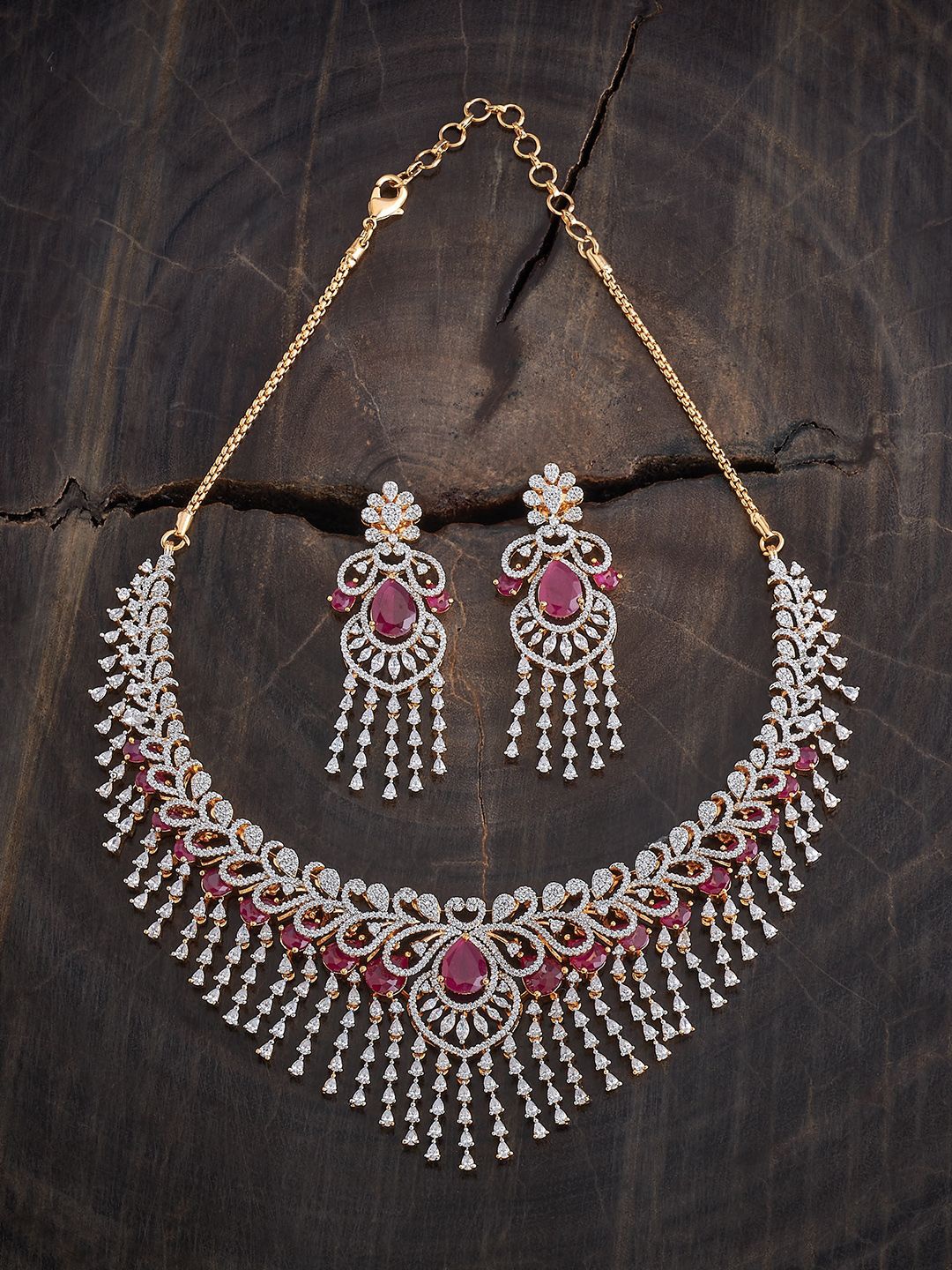 

Kushal's Fashion Jewellery Rhodium-Plated CZ-Studded Necklace and Earrings, Silver