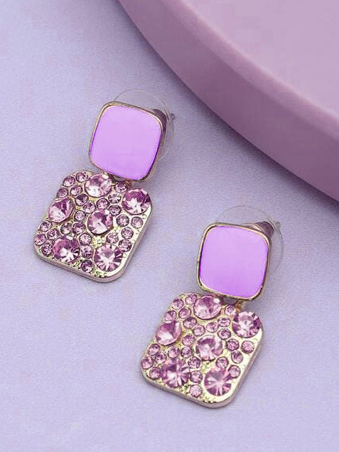 

styledose Sterling Silver Crystals Stone Studded Square Shaped Drop Earrings, Purple