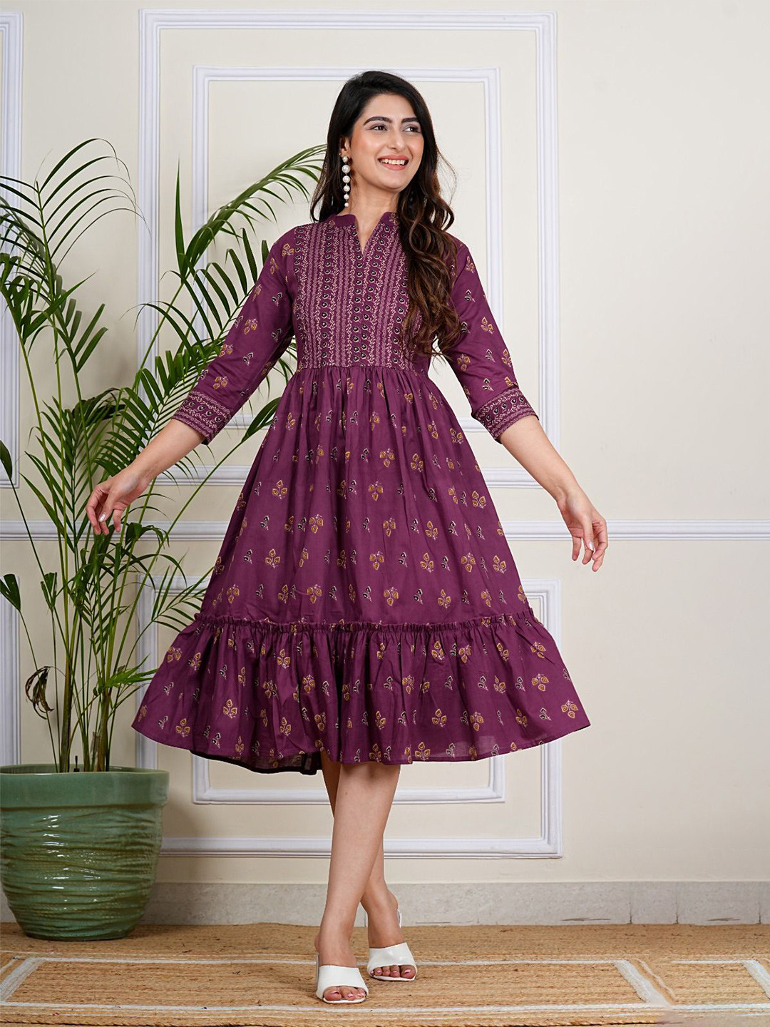 

Twirl Tales Women Floral Printed Cotton Fit & Flare Midi Dress, Maroon