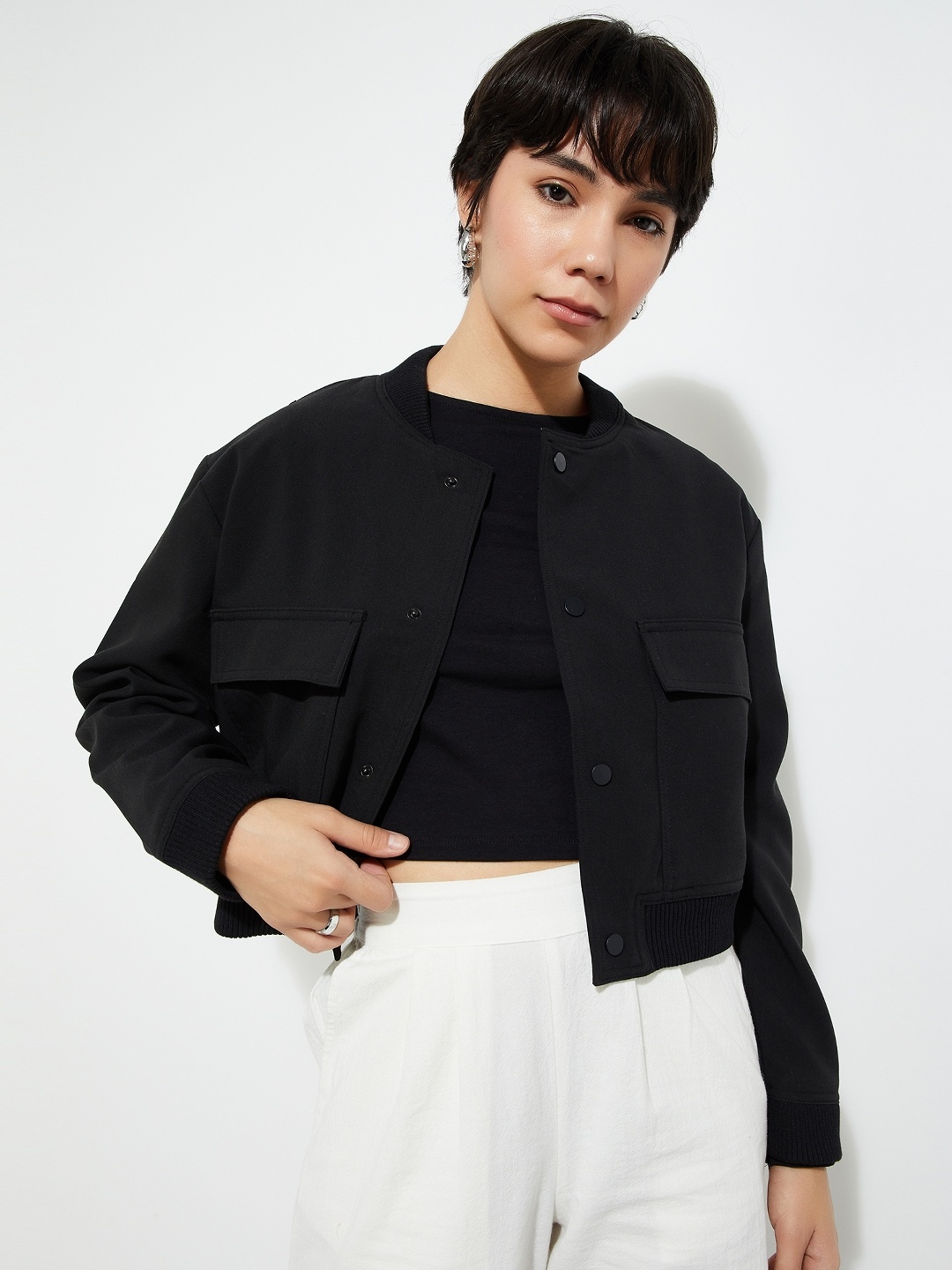 

MAX URB_N Women Solid Bomber Jacket, Black