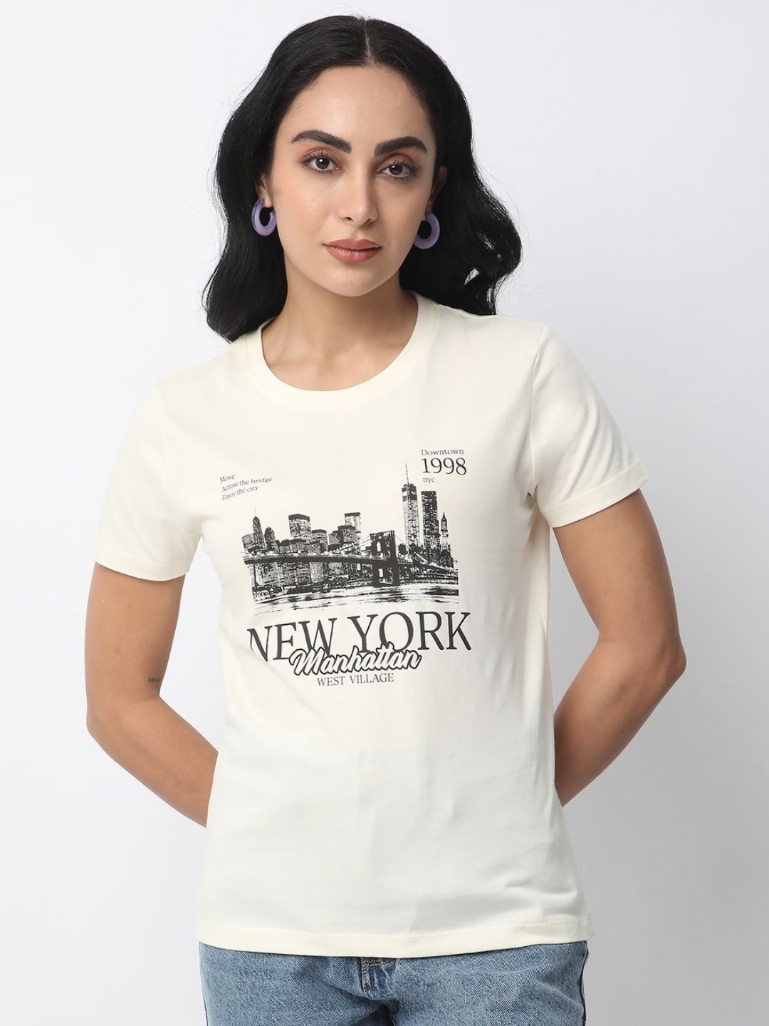 

R&B Women Graphic Printed Round Neck Cotton T-shirt, Off white