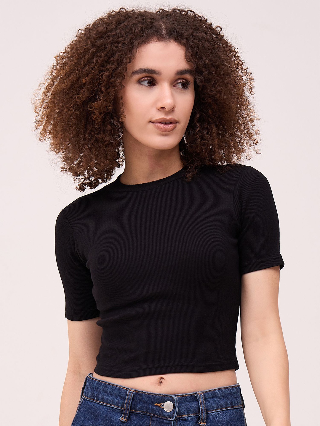 

Mayra Women Round Neck Fitted Crop Top, Black