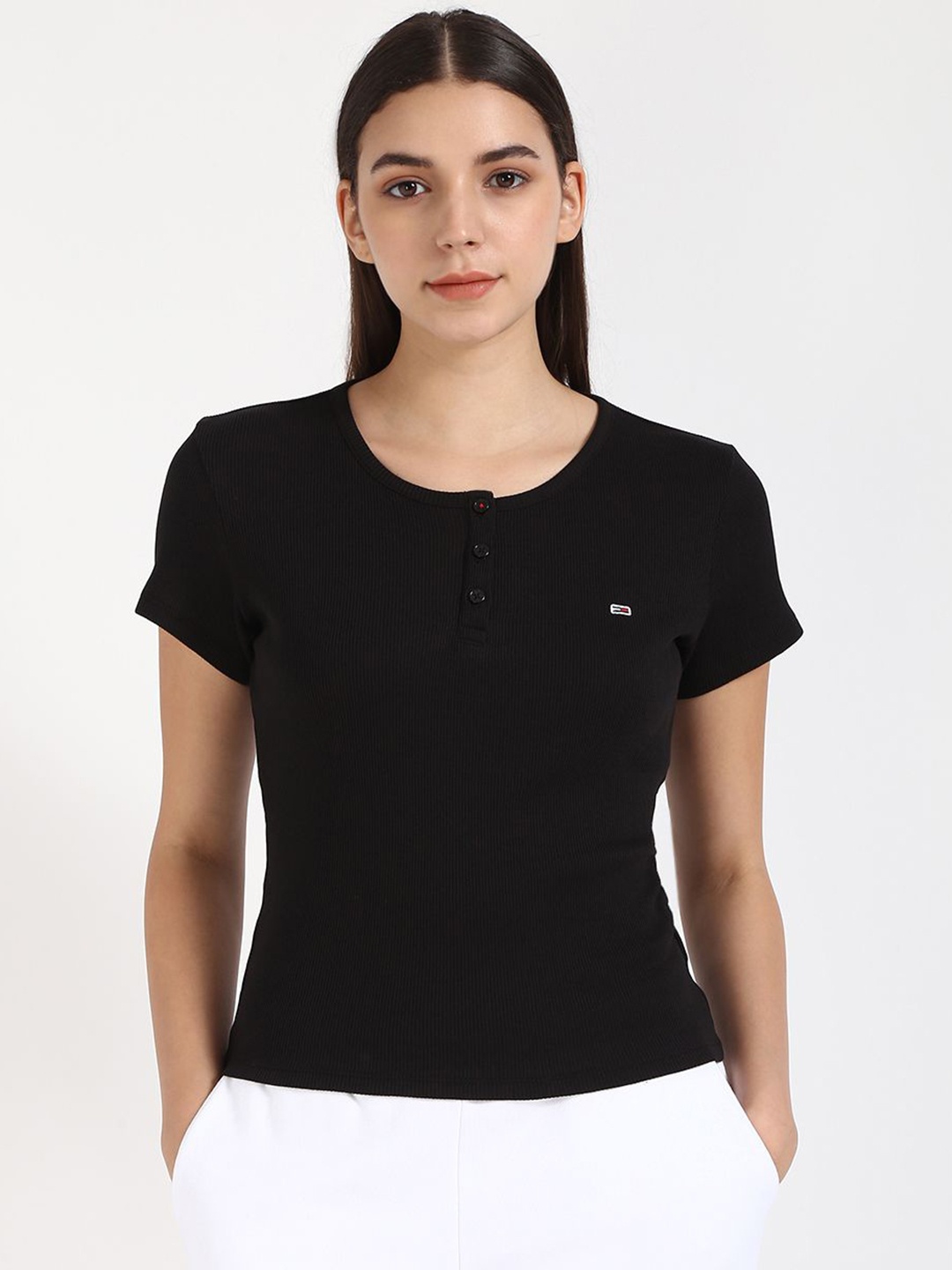 

Tommy Hilfiger Women Self Design Henley Neck Cotton Slim Fit T-shirt, Black
