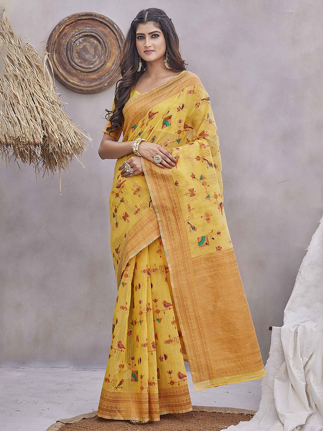 

KSM PRINTS Printed Zari Saree, Yellow