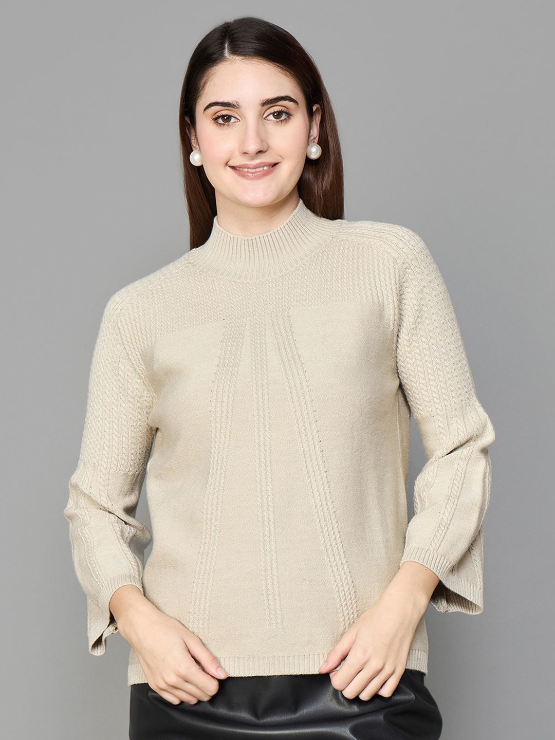 

Colour Me by Melange Women Cable Knit Self Design Pullover, Beige