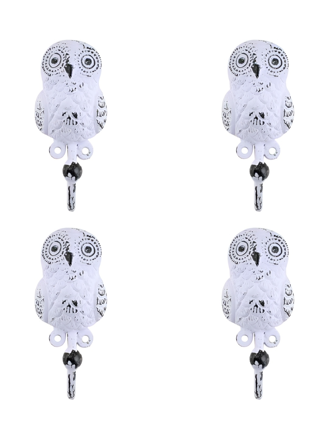 

IndianShelf White and Black 4 Pieces Owl Printed Iron Wall Hooks