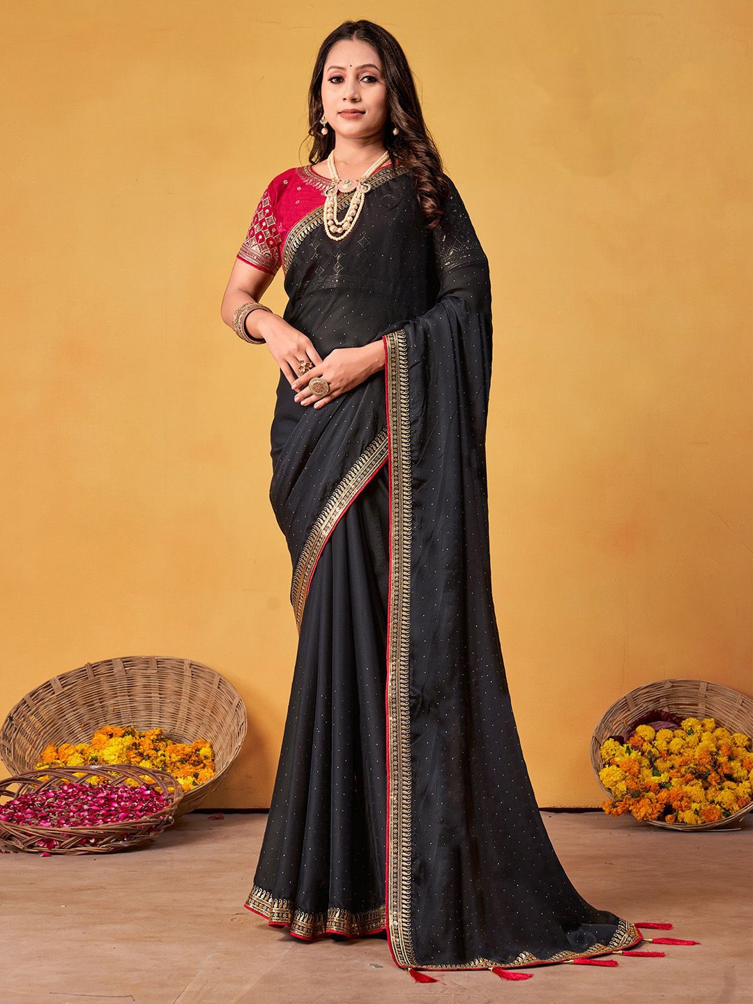 

Anouk Embellished Embroidered Beads and Stones Saree, Black