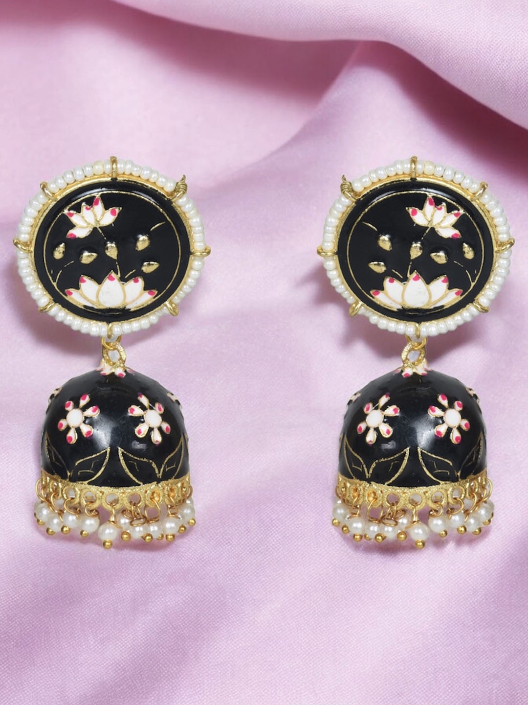 

Nilu's Collection Brass-Plated Pearls Beaded Dome Shaped Lotus engraved Meenakari Jhumkas, Black